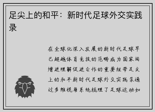 足尖上的和平：新时代足球外交实践录