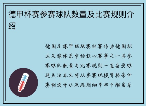 德甲杯赛参赛球队数量及比赛规则介绍
